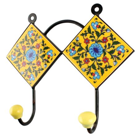 Ceramic Flower Tile Hook in Yellow And Turquoise